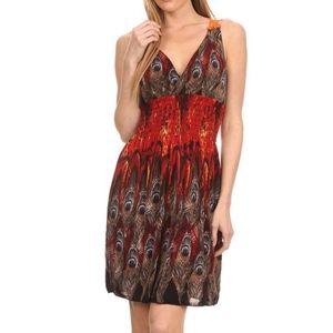 💕Red Peacock Feather lace-back V-Neck dress💕